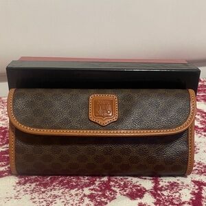 Celine Brown Leather Clutch with Tan Trim